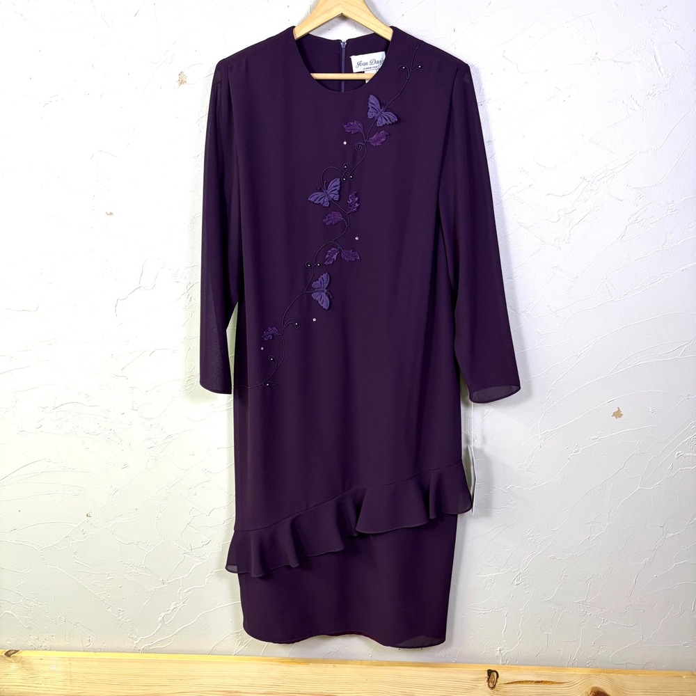 Vintage Joan Davis Ruffle Dress Women 12 Purple Butterfly Applique Whimsigoth